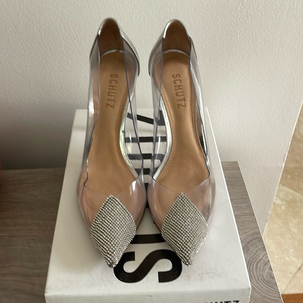 Schutz Transparent With Crystal Toe And Silver Heel Sz 8.5